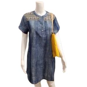 ODDY Boutique Chambray Style Linen Geometric Shoulder Design Dress Sz Small EUC